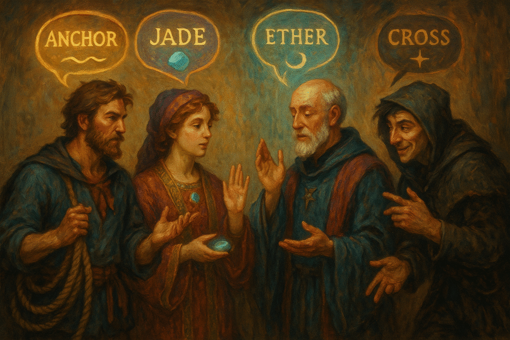 A fantasy-style painting of four characters mid-conversation: a sailor holding a rope with the word "ANCHOR" in his speech bubble, a jewelcrafter with a glowing gem and the word "JADE," a priest gesturing calmly beneath "ETHER," and a grinning thief speaking under "CROSS." Each character’s attire and posture visually reflect their origins.
