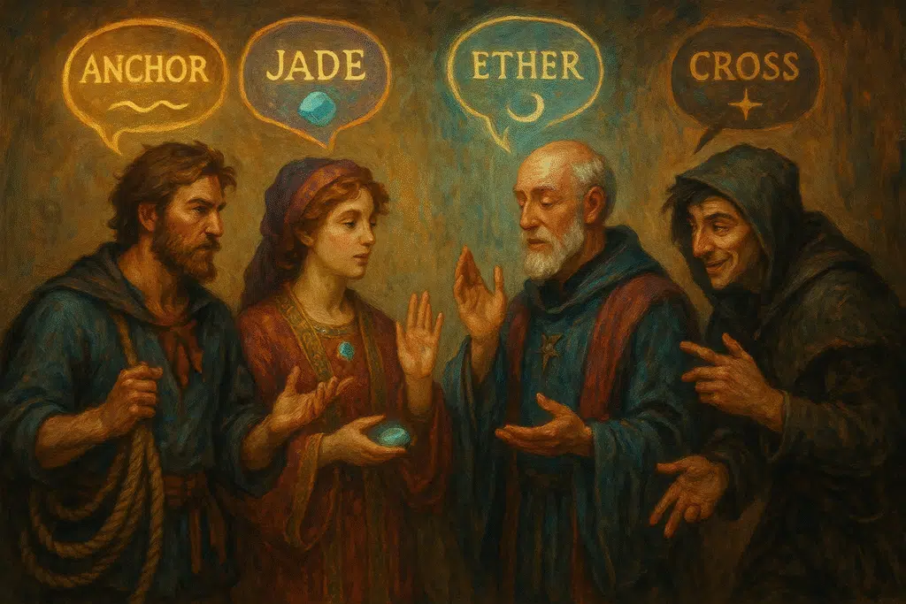 A fantasy-style painting of four characters mid-conversation: a sailor holding a rope with the word "ANCHOR" in his speech bubble, a jewelcrafter with a glowing gem and the word "JADE," a priest gesturing calmly beneath "ETHER," and a grinning thief speaking under "CROSS." Each character’s attire and posture visually reflect their origins.