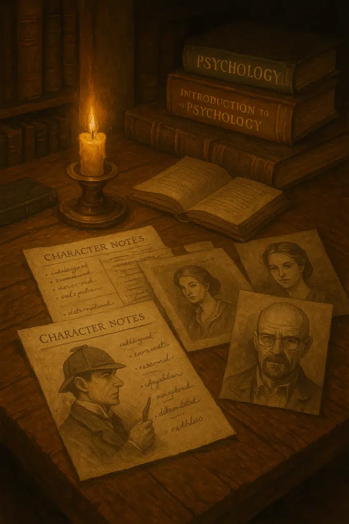 Candlelit desk with character notes, portraits of famous fictional characters, and psychology books in a rustic, literary setting