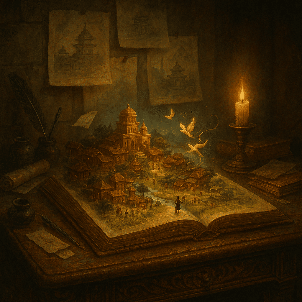 Open book on a carved desk glowing with candlelight, revealing a miniature world of temples, markets, and tiny figures, surrounded by scrolls, inkpots, and pinned architectural sketches.