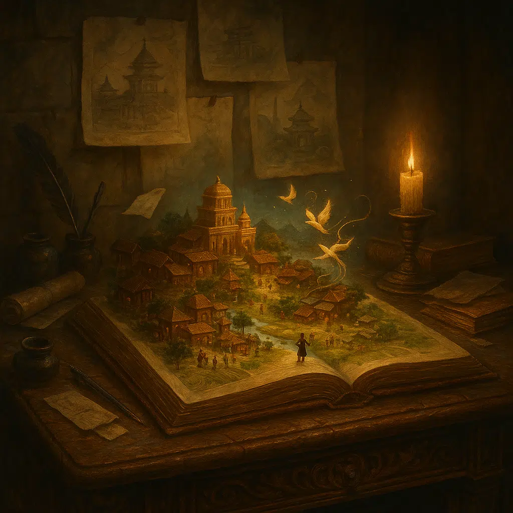 Open book on a carved desk glowing with candlelight, revealing a miniature world of temples, markets, and tiny figures, surrounded by scrolls, inkpots, and pinned architectural sketches.