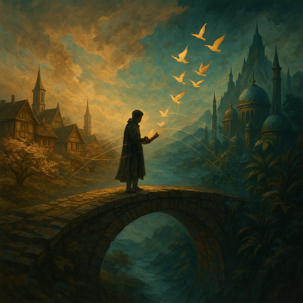 Writer on an arched stone bridge between a medieval village and a domed foreign city, with glowing manuscript pages turning into birds and golden threads connecting both sides.