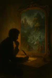 Side-profile of a writer at a carved desk with a glowing mirror showing cultural scenes like desert cities, shrines, and dancers, in a cinematic painterly style.