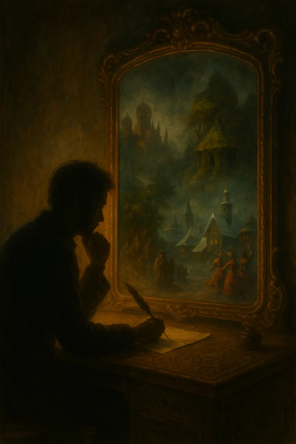 Side-profile of a writer at a carved desk with a glowing mirror showing cultural scenes like desert cities, shrines, and dancers, in a cinematic painterly style.