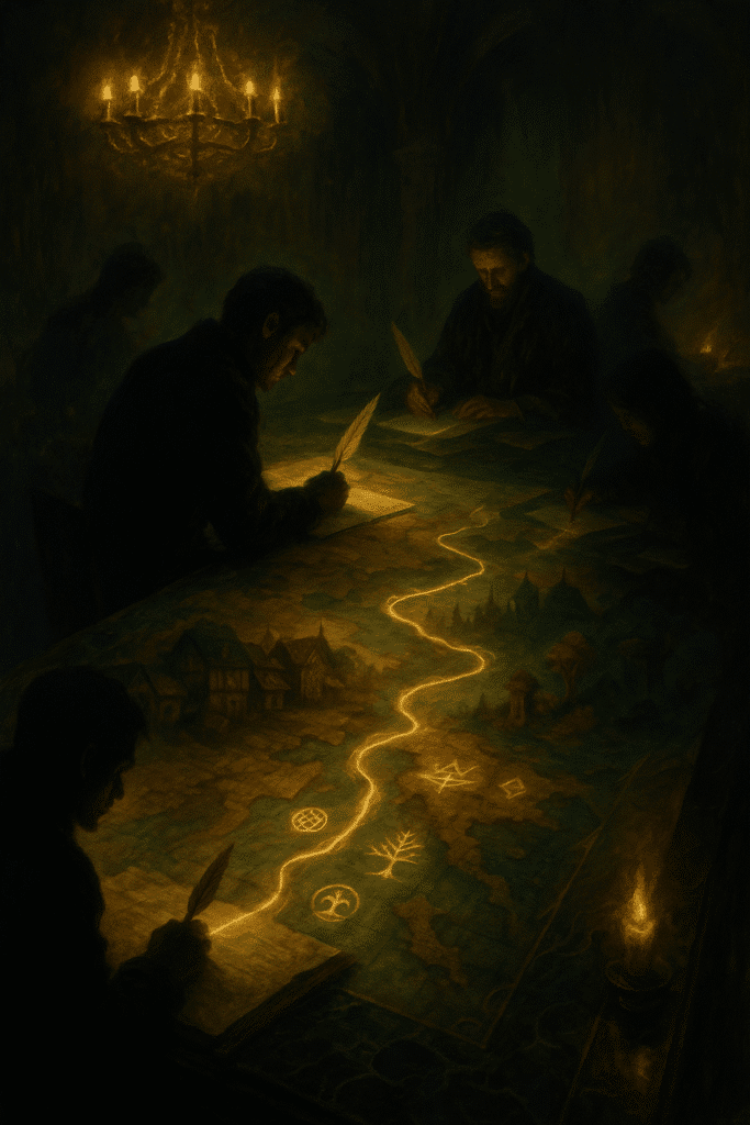 Writers seated around a dark marble table lit by chandeliers and embers, drawing glowing ink streams on a large map where intersecting lines form cultural glyphs.