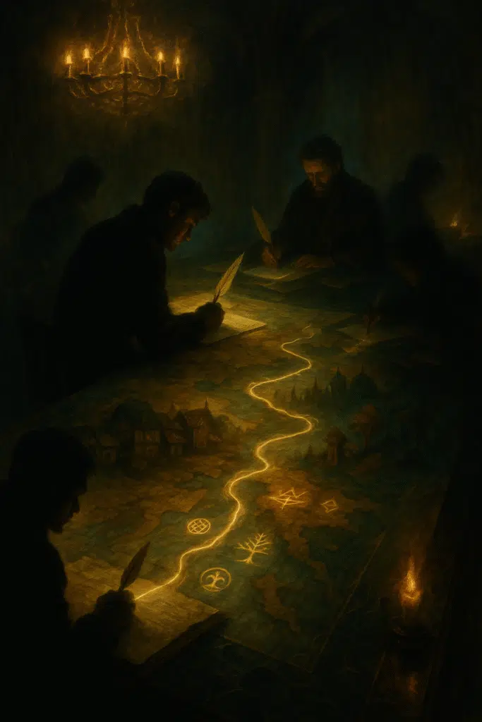 Writers seated around a dark marble table lit by chandeliers and embers, drawing glowing ink streams on a large map where intersecting lines form cultural glyphs.