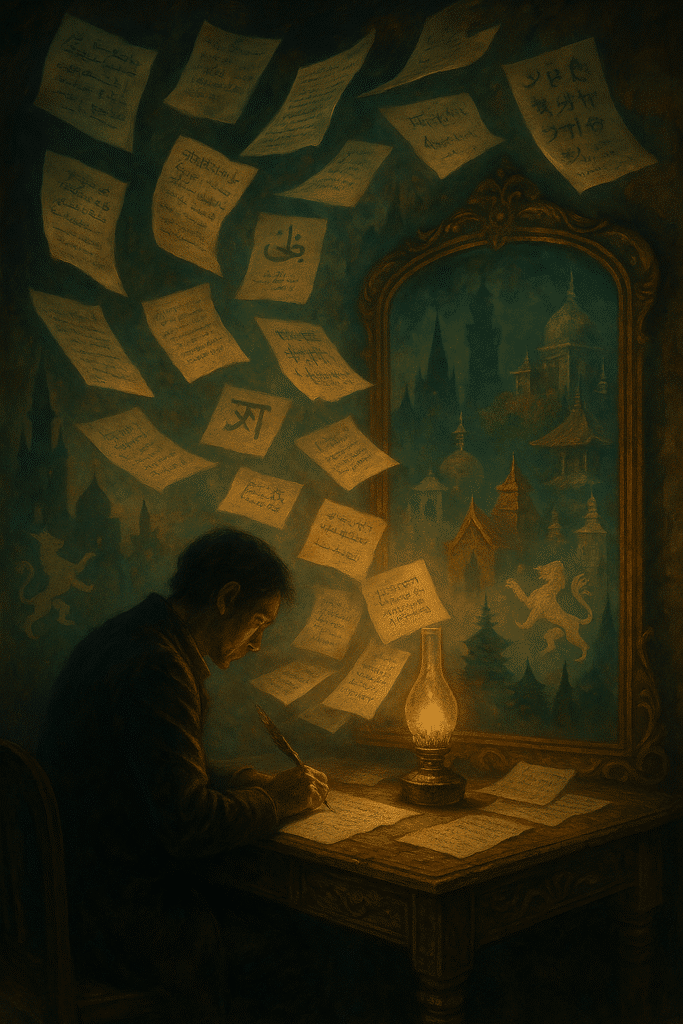 Writer at a weathered desk lit by oil lamp, surrounded by floating manuscript pages in many scripts casting cultural shadowforms on the wall, in a dark painterly style.