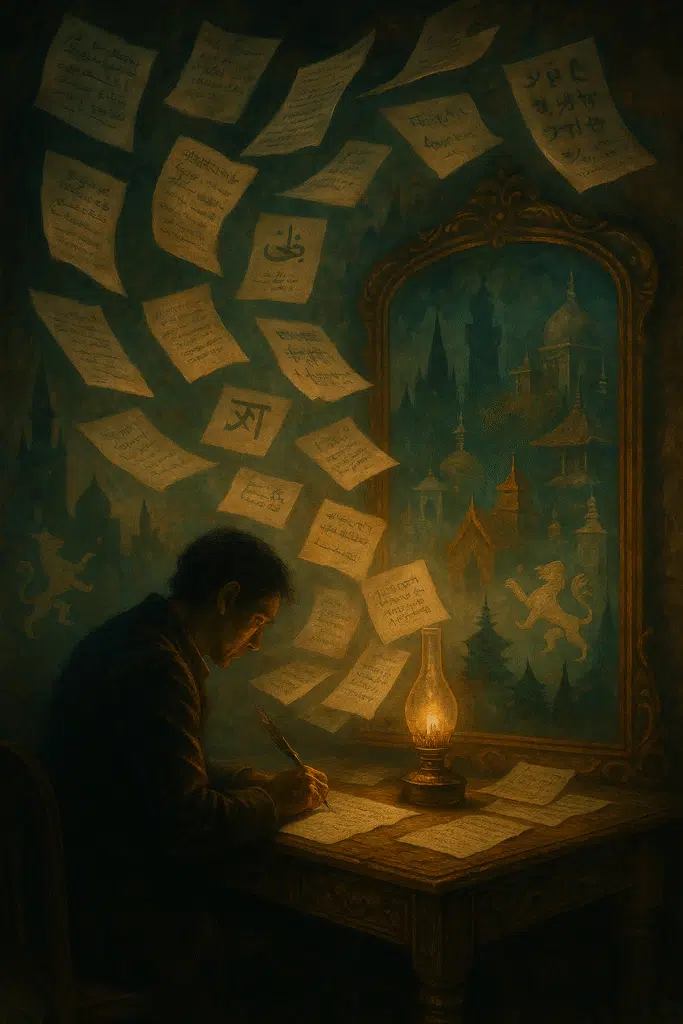 Writer at a weathered desk lit by oil lamp, surrounded by floating manuscript pages in many scripts casting cultural shadowforms on the wall, in a dark painterly style.