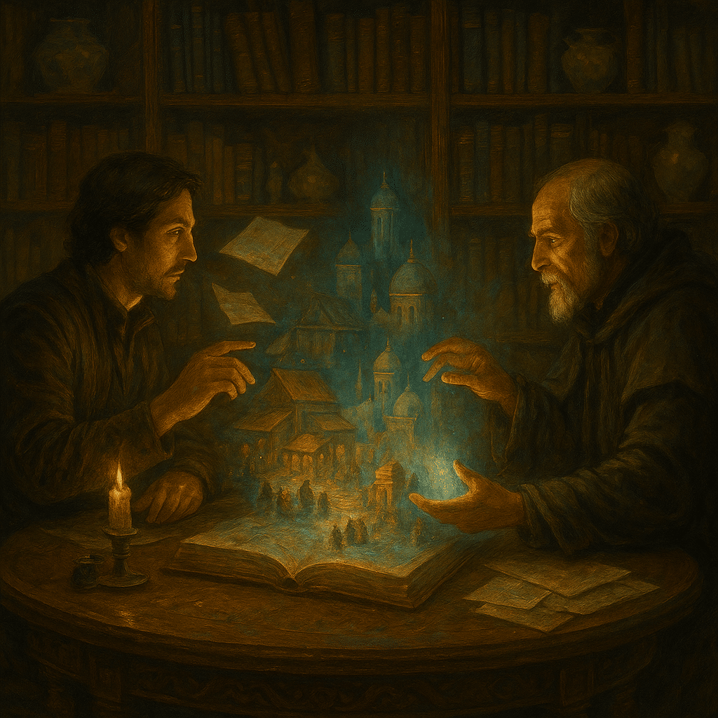 Two scholars seated at a candlelit round table, adjusting a glowing, spectral cityscape rising from a book, surrounded by shelves of books and cultural relics.