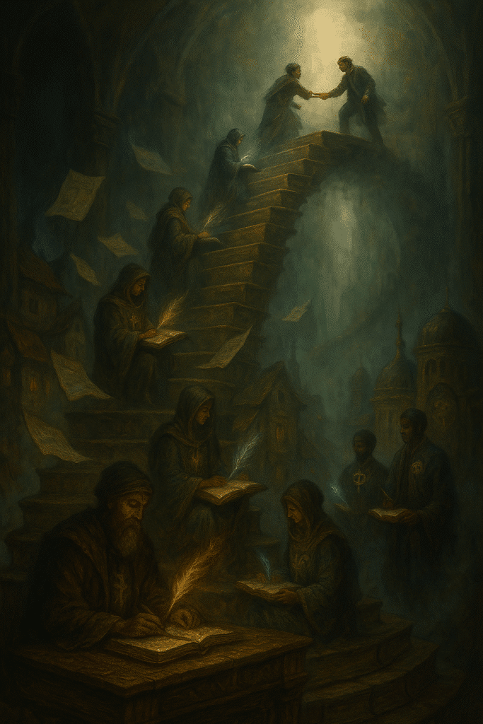 Writers from various eras climb a spiraling staircase made of stone books, each holding a glowing quill amid mist and shadows in a cathedral-like setting.