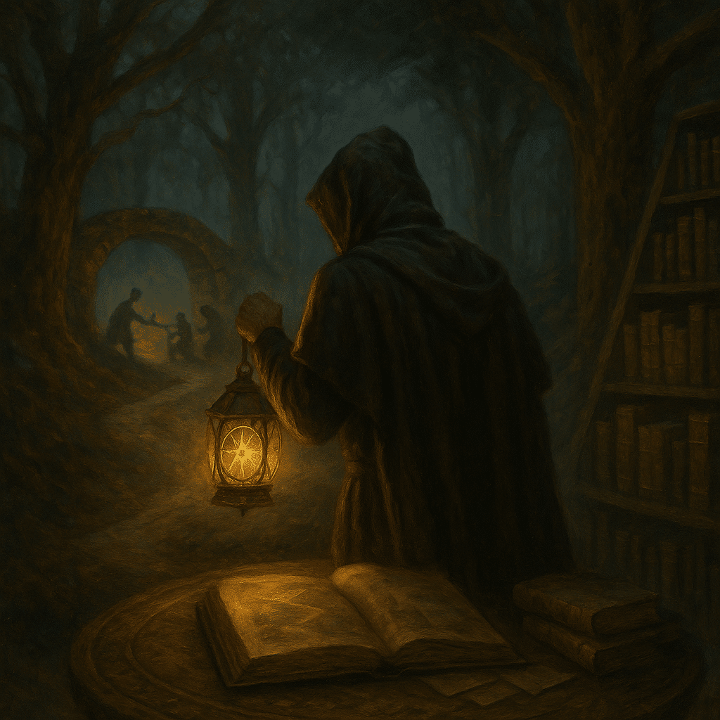 Cloaked figure holding a glowing lantern at a crossroads in a dark forest, with one path showing bridge-builders and the other showing wall-builders; old bookshelves behind.