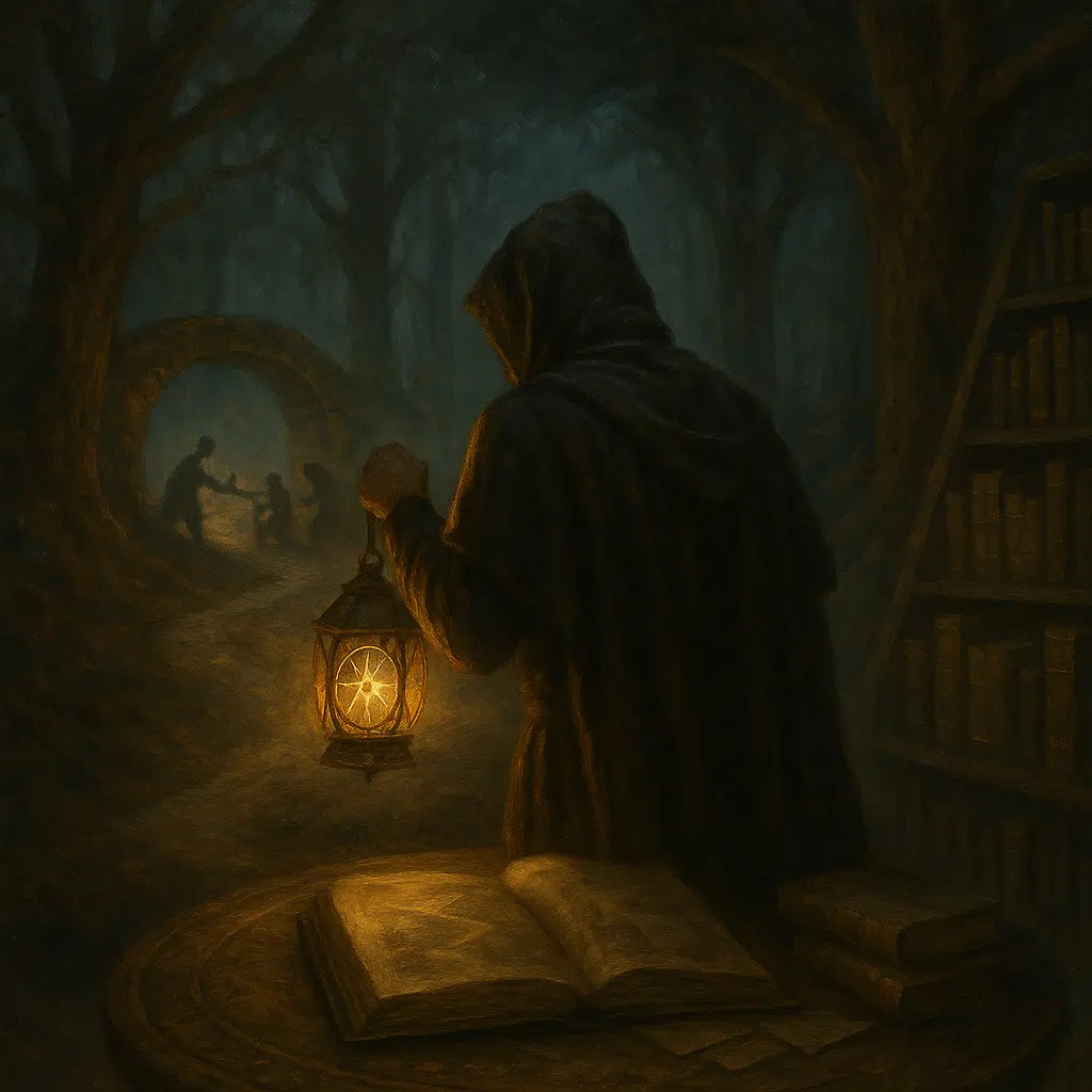 Cloaked figure holding a glowing lantern at a crossroads in a dark forest, with one path showing bridge-builders and the other showing wall-builders; old bookshelves behind.